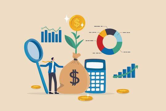 Imagem mostra uma pessoa vendo vários ícones de finanças, como calculadora, gráficos, moedas