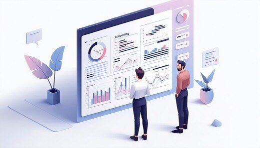 Imagem destaca duas pessoas olhando para um quadro cheio de relatórios financeiros