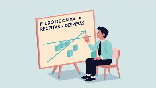 Imagem mostra uma pessoa sentada olhando para um quadro que está escrito que Fluxo de Caixa= Receitas - despesas