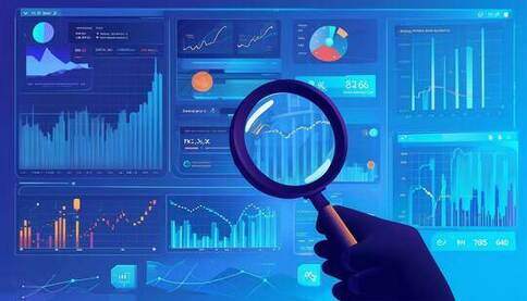 A imagem mostra uma pessoa segurando uma lupa olhando para um painel com vários indicadores