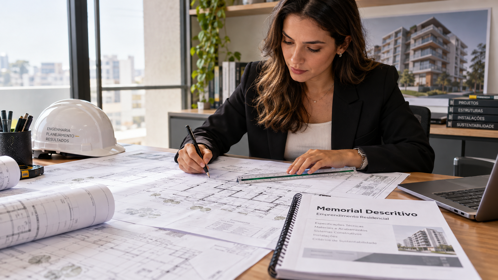 Engenheira revisa plantas e memorial descritivo de um empreendimento