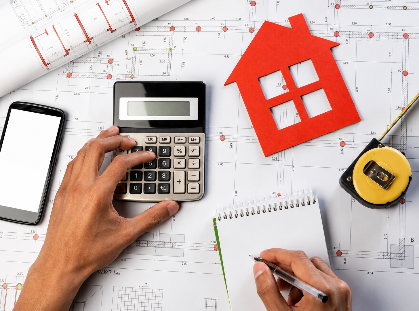 Homem com uma planta de construção sobre a mesa, com calculadora e um celular
