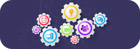 Imagem destaca engrenagens com ícones que indiquem centralização de dados