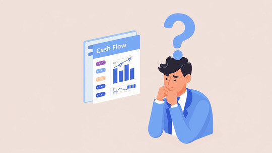 Imagem contém uma pessoa com dúvida olhando para um fluxo de caixa