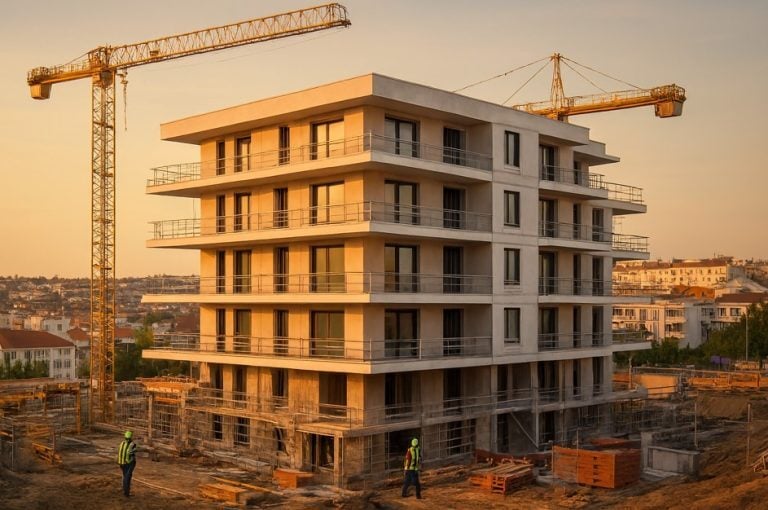 Imagem contempla um canteiro de obras com um prédio em construção e operários na base