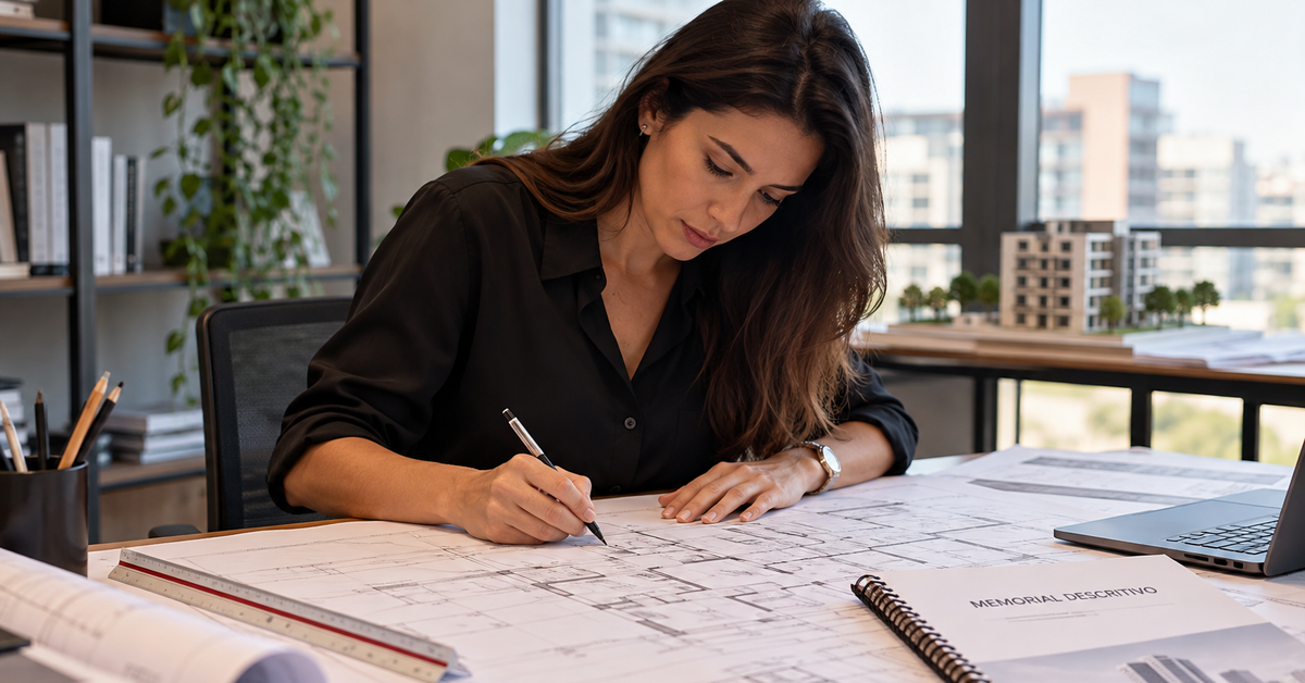 A imagem mostra uma mulher sentada em uma mesa desenhando um projeto arquitetônico
